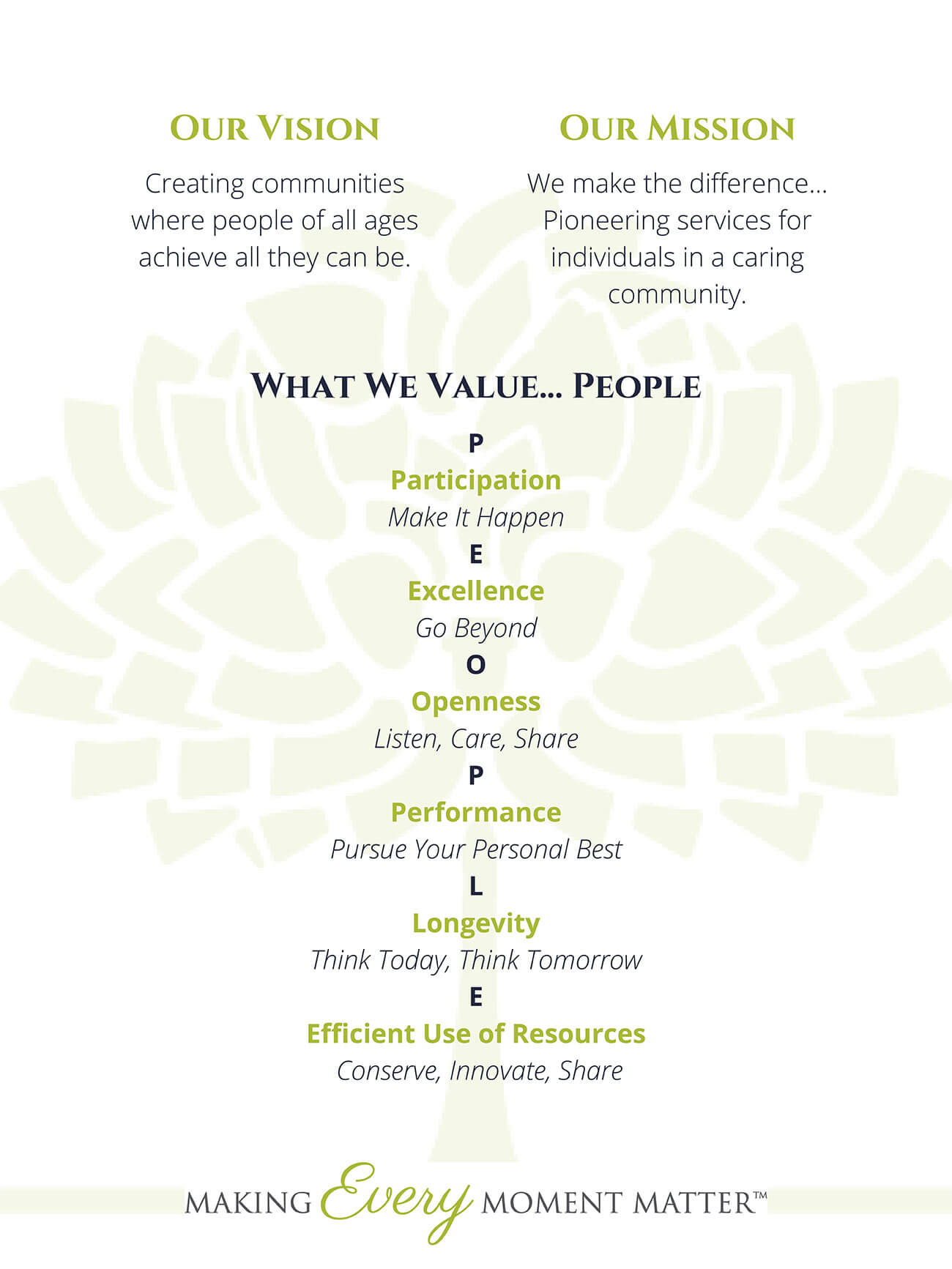 Our Vision: Creating communities where people of all ages achieve all they can be. Our Mission: We make the difference... Pioneering services for indyviduals in caring community. What we value...People | P - Participation - Make it happen; E - Excellence - Go beyond; O - Opennes - Listen, Care, Share; P- Performance - Pursue your personal best; L - Longevity - Think today, think tomorrow; E - Efficient use of resources - Conserve, innovate, share. Making Every Moment Matter
