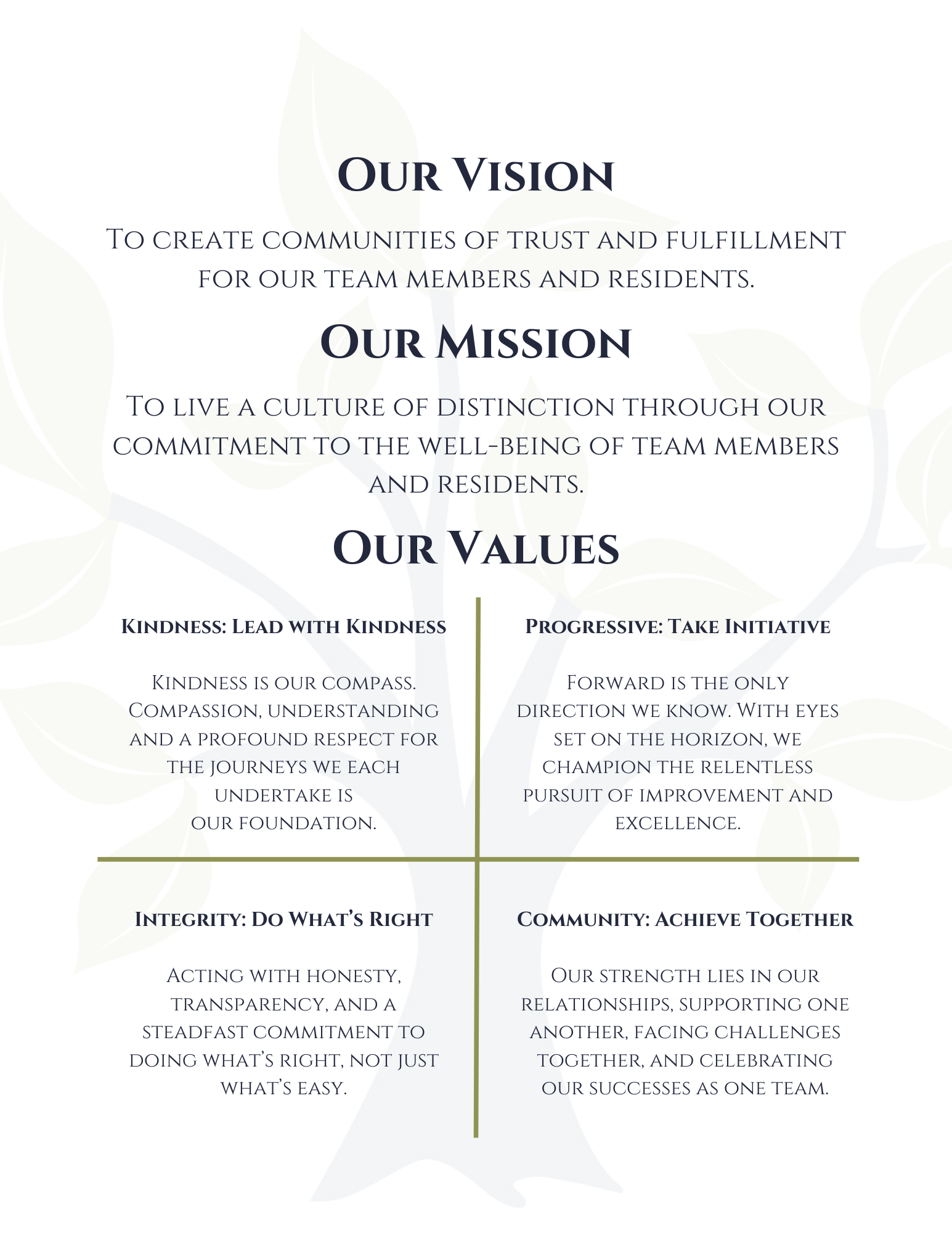 Our Vision: To create communities of trust and fulfillment for our team members and residents. Our Mission: To live a culture of distinction through our commitment to the well-being of team members and residents. Our Values: Kindness: Lead with Kindness. Kindness is our compass. Compassion, understanding and a profound respect for the journeys we each undertake is our foundation. Progressive: Take Initiative. Forward is the only direction we know. With eyes set on the horizon, we champion the relentless pursuit of improvement and excellence. Integrity: Do What’s Right. Acting with honesty, transparency, and a steadfast commitment to doing what’s right, not just what’s easy. Community: Achieve Together. Our strength lies in our relationships, supporting one another, facing challenges together, and celebrating our successes as one team.