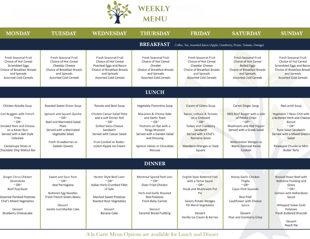 Example of a Weekly Dining Menu for the Community